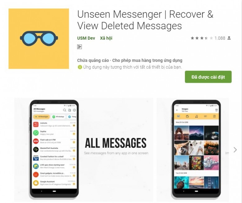 ?Bước 1: Cài đặt ứng dụng Unseen Messenger | Recover & View Deleted Messages về điện thoại của mình.