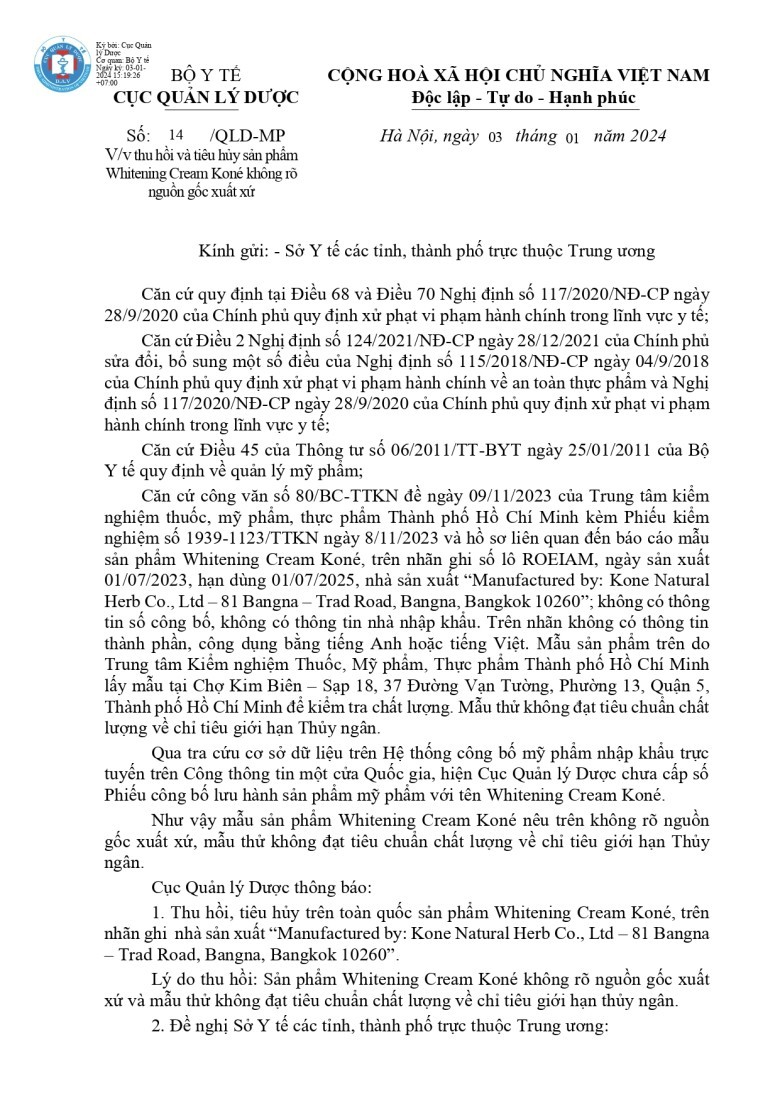 Chi tiết công văn thu hồi mỹ phẩm độc hại "Công văn số 14/QLD-MP về việc thu hồi và tiêu hủy sản phẩm Whitening Cream Koné không rõ nguồn gốc xuất xứ"