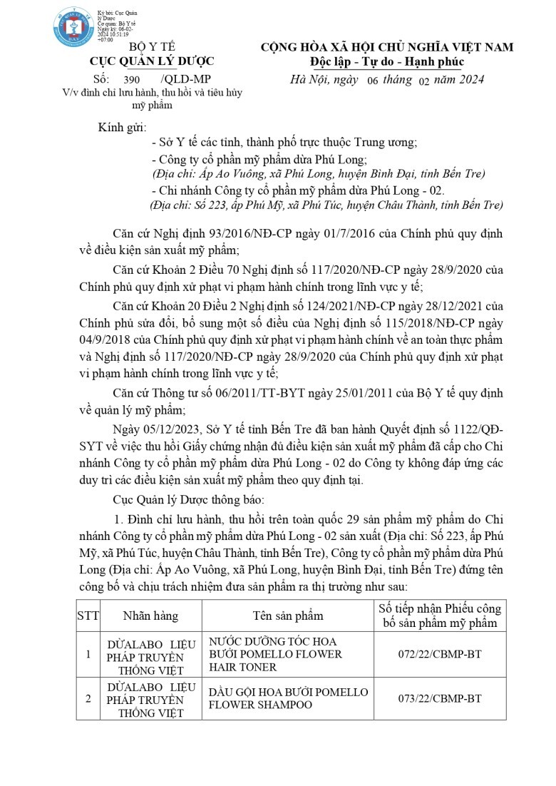 Công văn số 390/QLD-MP về việc đình chỉ lưu hành, thu hồi và tiêu hủy mỹ phẩm (Công ty CP mỹ phẩm dừa Phú Long và Chi nhánh Công ty CP mỹ phẩm dừa Phú Long - 02)