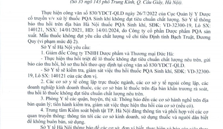 Hà Nội yêu cầu thu hồi thuốc PQA Sinh khí không đạt tiêu chuẩn chất lượng